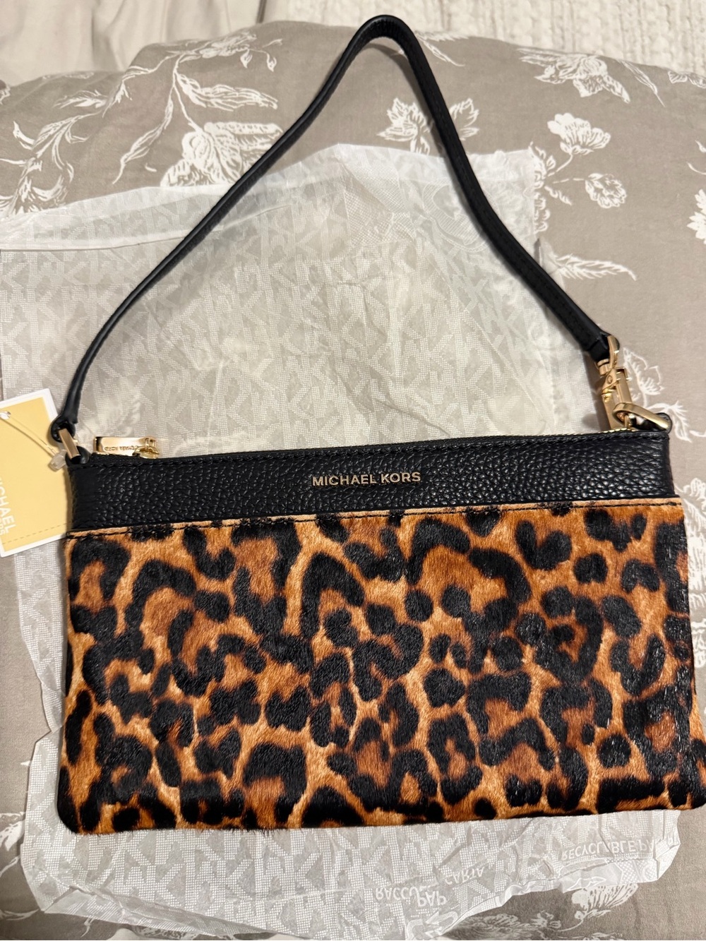 Michael Kors Leopard-Print Wristlet in Brown and Black with Gold Hardware